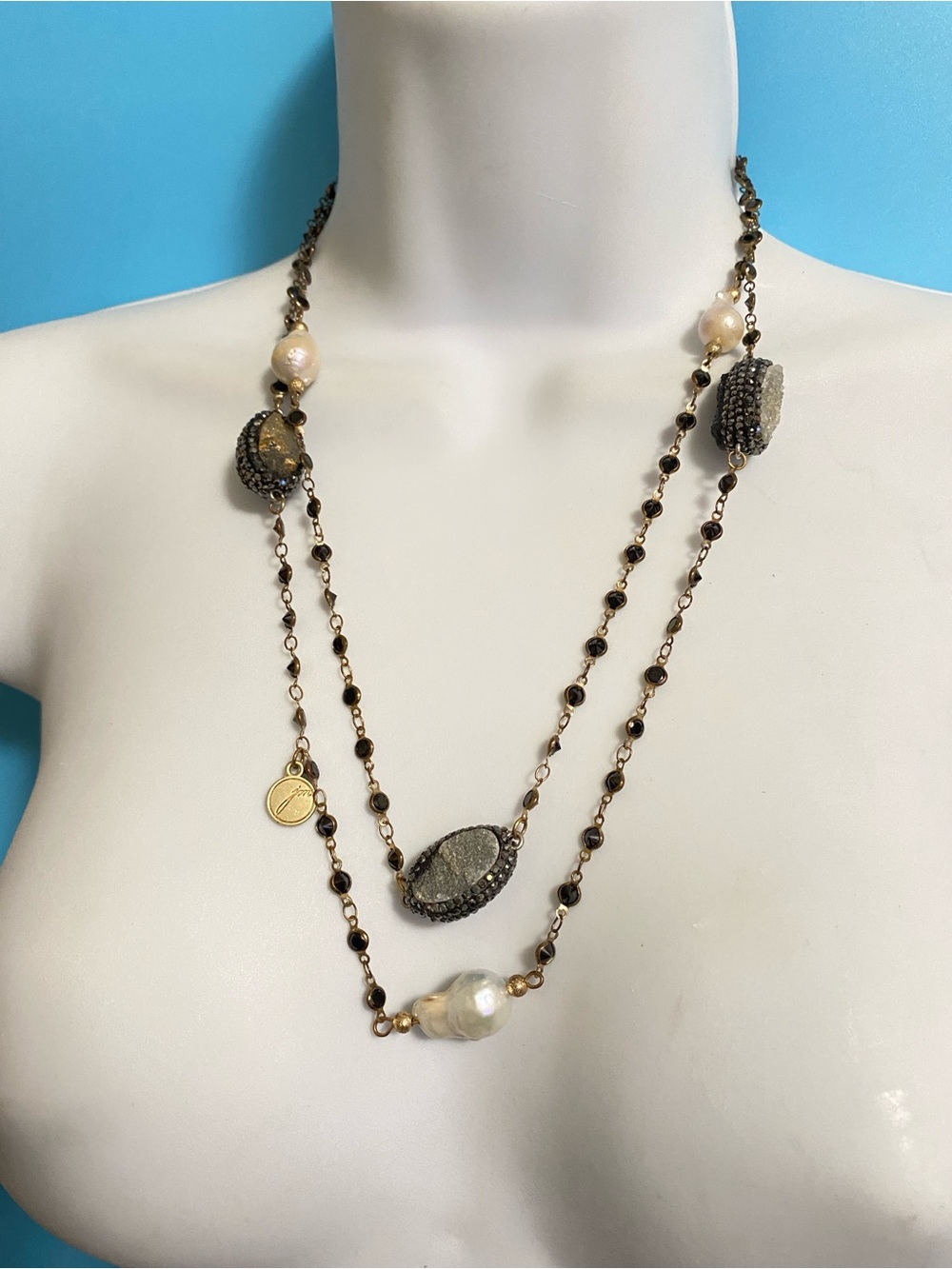 JM Collection Long Elegant Natural Boho Necklace Baroque Beads Pave Druzy Stone